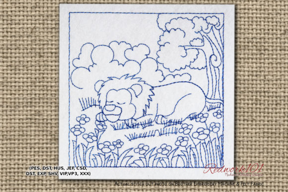 Lion Sleeping on Grass Redwork for Sweatshirt Embroidery
