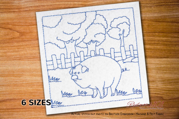 Pig Standing in Field Redwork: A Charming Embroidery Design for Personalized Gifts