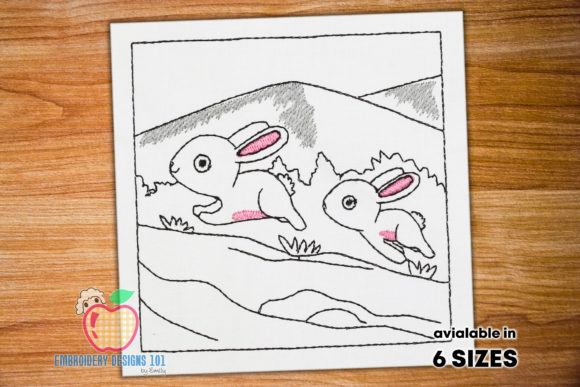 Two Bunnies Running on Grass: A Playful Easter Embroidery Design